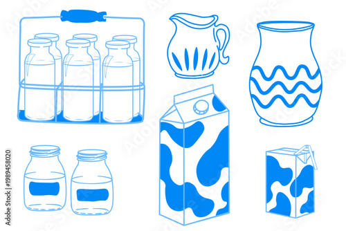 Hand drawn sketch with Basket with milk bottles. Milkman in doodle. Boxes and small bundles with a straw. jars of yogurt and cream. Vector illustration. Isolated on a white background.