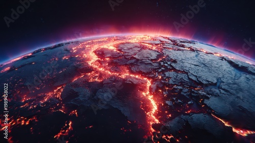 Planet Earth end-of-days concept, glowing fissures only, realistic cosmic scale, 8K 