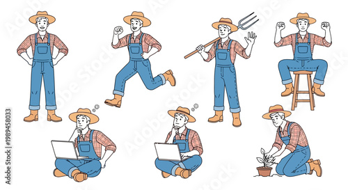 Collection of Farmer Poses Illustrating Various Activities.