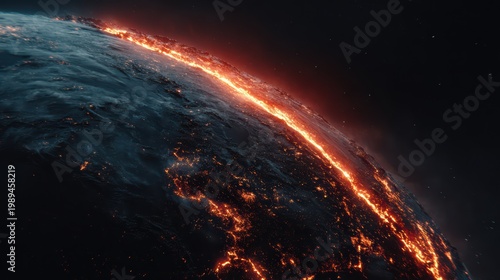 Planet Earth slowly tearing apart, glowing lava only in fault lines, subtle end of world visual, 8K 