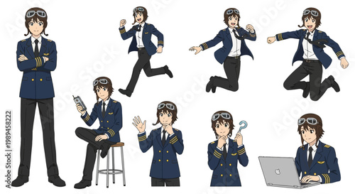 Set of Anime Style Character Poses in Uniform.