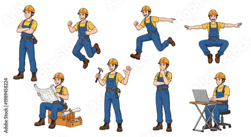 Construction Worker Character Set Diverse Poses.