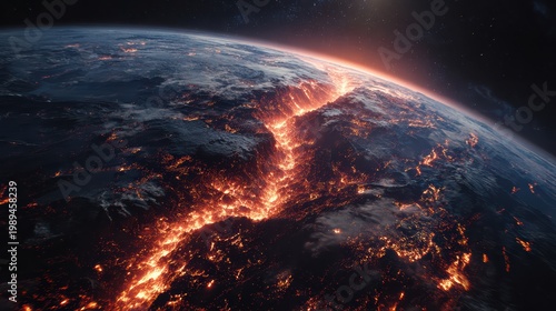 Planet Earth splitting apart, fiery magma veins visible from space, realistic apocalyptic scene, cinematic 8K 