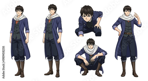 Anime character in multiple poses and outfits.