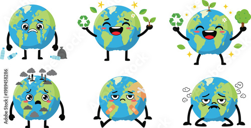 Cute Earth Character Emotion Set with Pollution, Recycling, Climate Change, and Save the Planet Poses for Environment and Ecology Designs