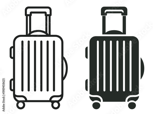 rolling suitcase icon set, outline and solid travel luggage bag with handle and wheels, airport baggage symbol isolated on transparent background
