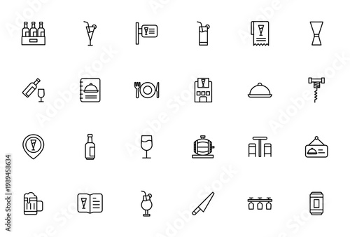 Bar icon set. Vector illustration of bar and drink symbols. Includes bottles, cocktail, glass, menu, beer, wine opener, table, knife and more. Editable stroke.