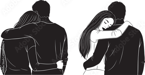 Two heartfelt illustrations capturing a couple's tender embrace and supportive connection from behind, symbolizing love, intimacy, and a strong relationship in a minimalist art style