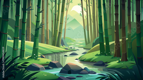 Serene Bamboo Forest Landscape with River and Mountains in Flat Vector Style