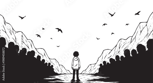 Canvastavla Lonely person, standing alone, mountain landscape, black and white vector illust