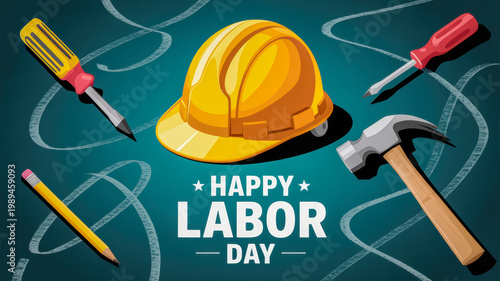A graphic illustration celebrates Happy Labor Day with a hard hat and various tools