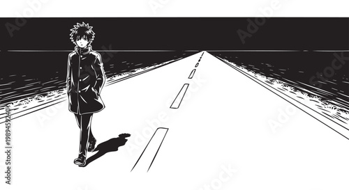 Foto Monochrome manga style illustration, young man walking alone on road, black and