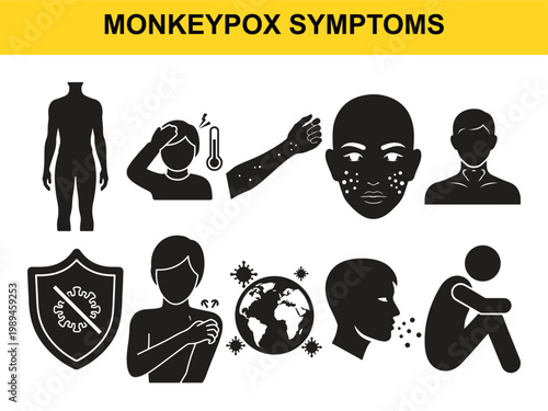 Black and white icons illustrating various monkeypox symptoms and related health concerns.