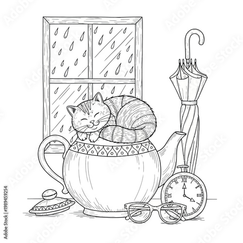 Cozy rainy day still life cat napping in a teapot