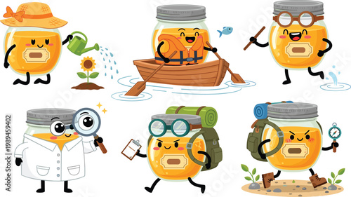 Cute Honey Jar Mascot Character Set with Gardening, Rowing, Hiking, and Science Adventure Poses for Food and Brand Designs