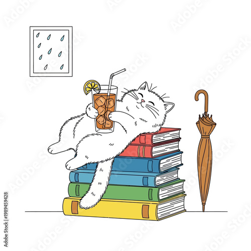 Whimsical cat nap amongst books and umbrellas illustrated style