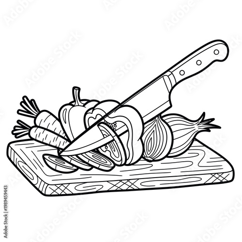 Vegetable preparation a black and white sketch of chopping ingredients