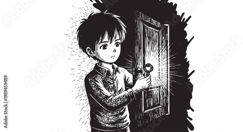 Billede på lærred gothic boy, creepy door, black and white illustration, horror elements