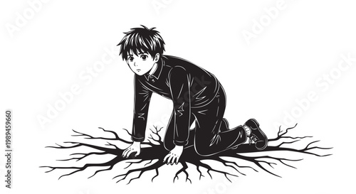 Tableau sur toile Black and white, man crawling, roots, vector illustration, monochrome