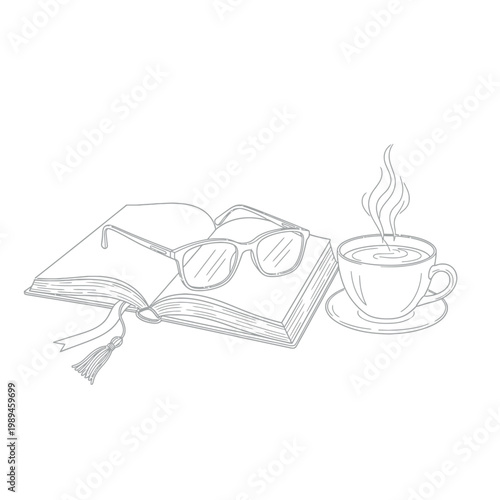 Cozy reading nook books glasses and a warm beverage sketch