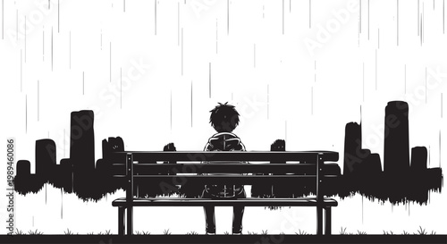 Photos Lonely person sitting on bench, cityscape background, rainy urban scene, black s