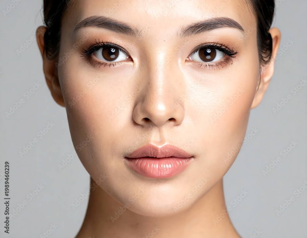 Fototapeta premium Beautiful Young Asian Woman With Glowing Skin And Professional Makeup Looking At Camera On Neutral Background Studio Portrait