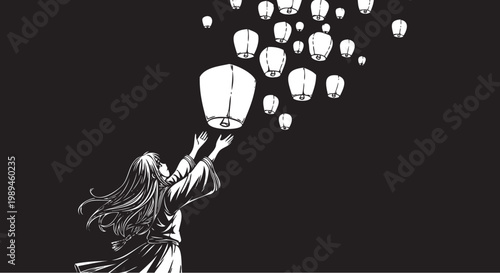 Woman releasing lanterns, flying lights, black background, white illustration, dreamy scene