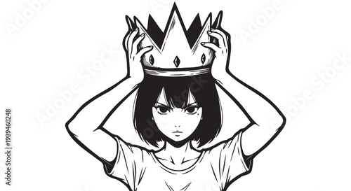Black and white illustration of woman wearing crown, queen cartoon character, royalty symbol, hand drawn style