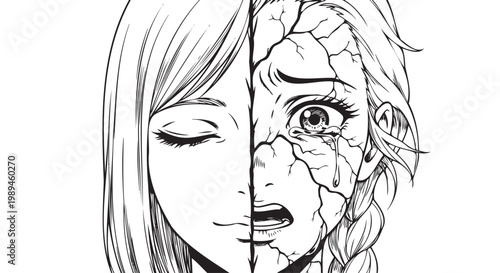Split face, contrasting emotions, manga style illustration, cracked effect, black and white