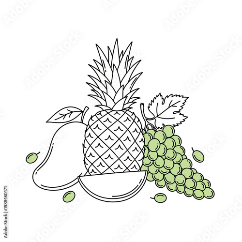 Black and white sketch of tropical and temperate fruits