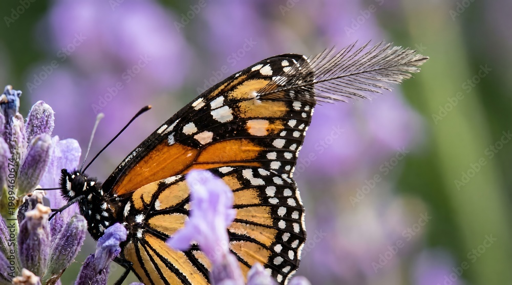 Obraz premium Monarch butterfly resting on lavender flowers with patr n peque o bot nica jard n fotograf