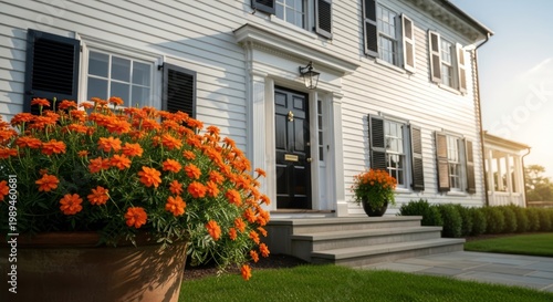 white house with orange flowers and black shutters