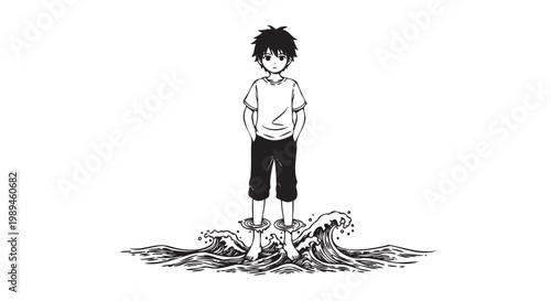 Cartoon boy standing on pile of rubble, destruction scene, black and white, vector illustration, comic style