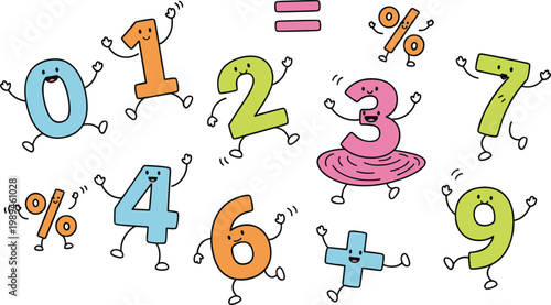 Cartoon numbers and math symbols with faces and limbs in playful educational vector illustration