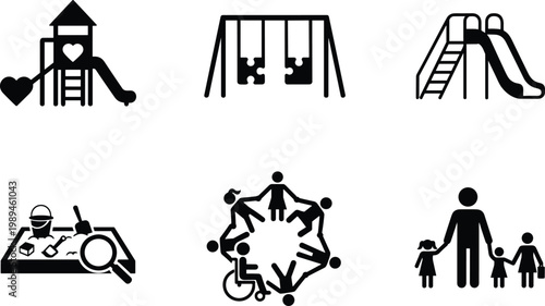 Cartoon playground and community icons representing play, accessibility, and family inclusion in vector illustration