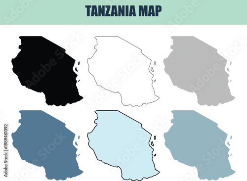 Tanzania map outlines in 6 different style variations for global documentation