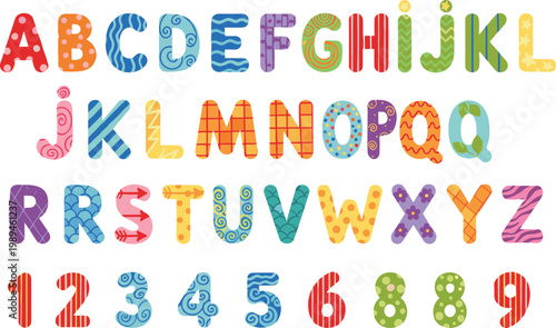 Colorful patterned alphabet letters and numbers in playful educational vector illustration