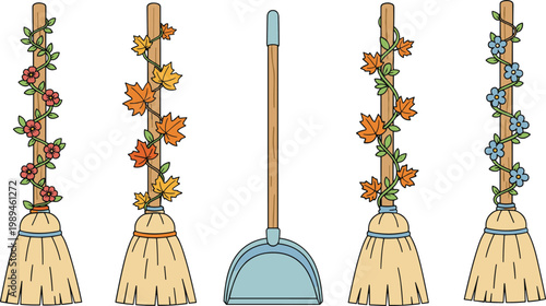 Decorative brooms with floral and seasonal leaves plus dustpan in creative cartoon vector illustration for cleaning and household design