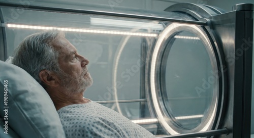 Senior man undergoing hyperbaric oxygen therapy