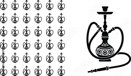 Stylized hookah silhouettes arranged in grid pattern with detailed ornamental design for decorative cultural vector illustration