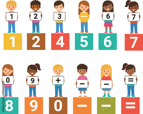 Cartoon children holding numbers and math symbols for educational learning in vector illustration