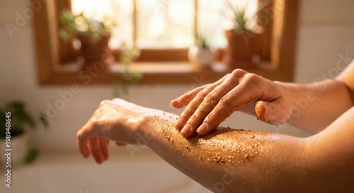 Person applying coffee body scrub to skin in warm sunlight