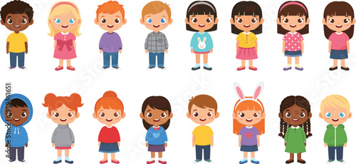 Cartoon children in colorful outfits representing diversity, friendship, and inclusion in vector illustration