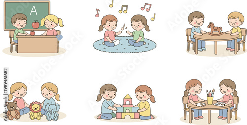 Cartoon children learning, playing, and creating in classroom and play activities vector illustration