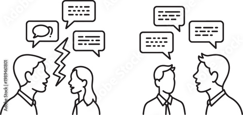 People communicate through verbal dialogue and written messaging using speech bubbles to express their thoughts and ideas clearly in a professional environment.