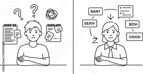 Employee facing information overload compares their confused state with a colleague who manages professional communication and data effectively through structured cognitive processing.