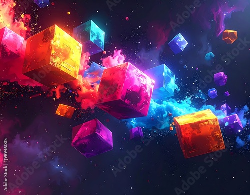 Abstract geometric arrangement of colorful cubes floating amidst a cloudy, vibrant, and cosmic-like background