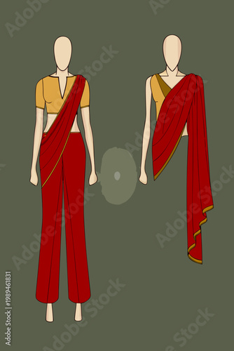 Two female figures showcasing traditional sari draping styles in red and gold