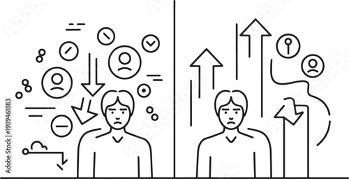 Person experiences a shift from negative downward mental pressure to a state of upward growth and positive momentum as depicted through schematic icons of mood and psychological well-being progress.