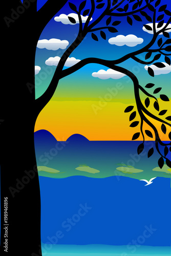 A silhouetted tree overlooks a vibrant landscape with a colorful sky